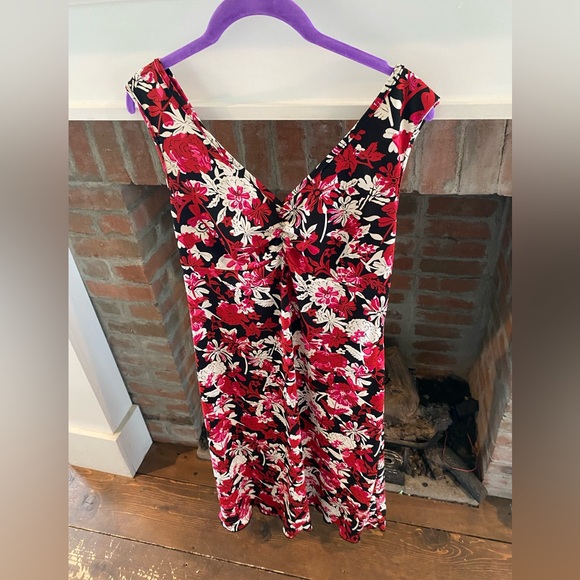 VINTAGE La Belle Silky Floral Midi Length Dress Deep V Gathered Bust Large 90’s - Picture 1 of 7